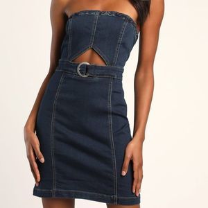 Lulus Dark Wash Denim Belted Strapless Mini Dress - Size S